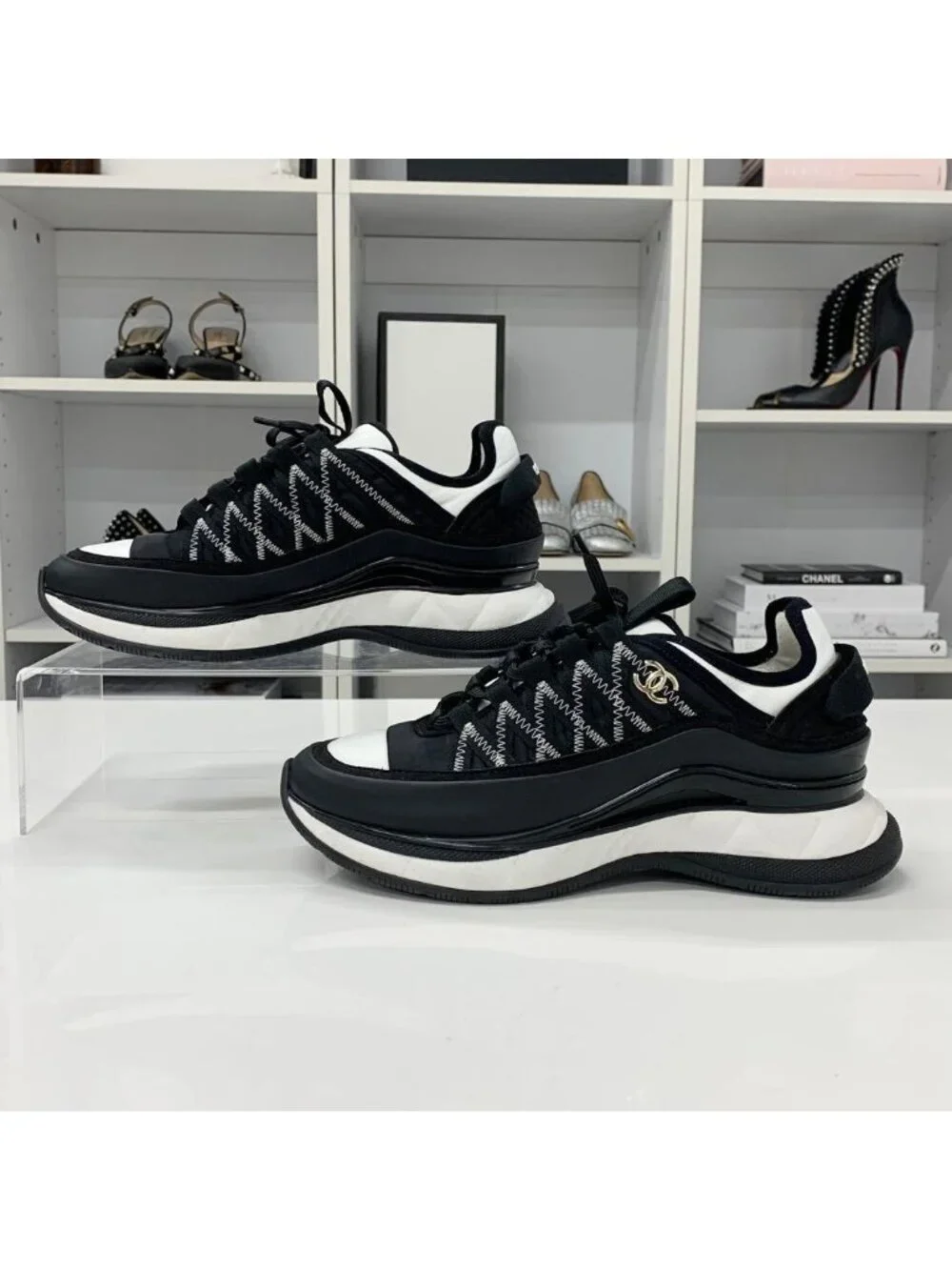 Chanel CC Logo Fabric Leather Sneakers Black White